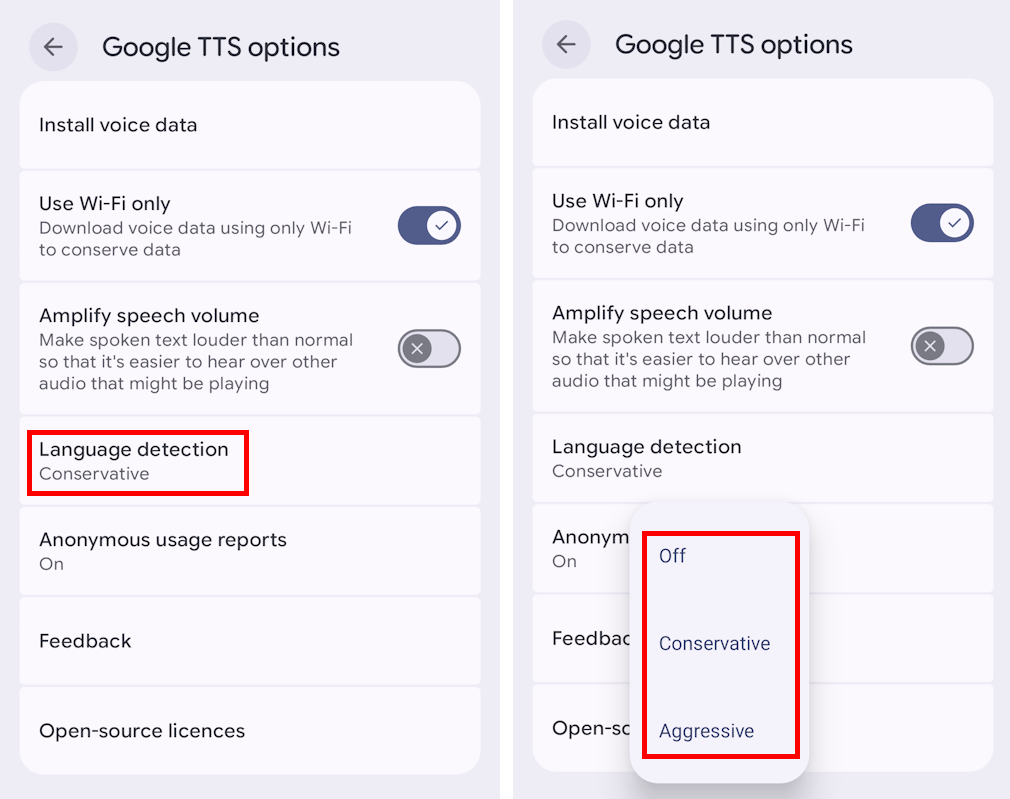 Tap Language detection to adjust how quickly Text-to-speech switches between languages